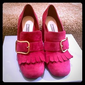 Prada Buckle Kiltie Block Heel Loafers